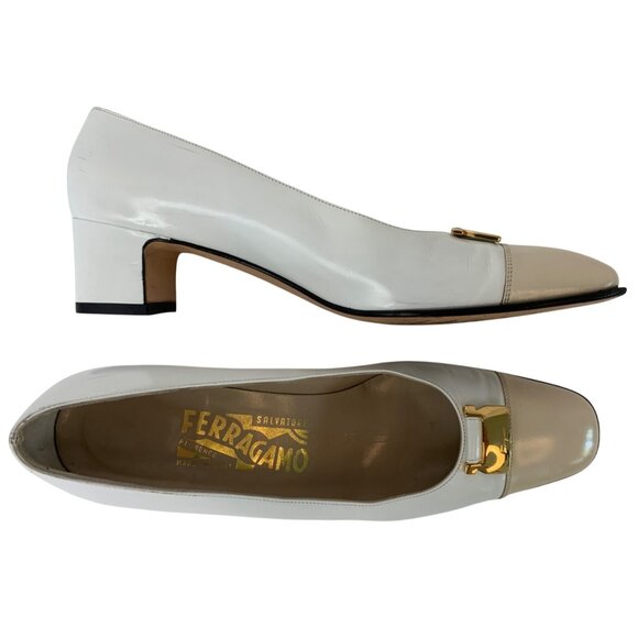 Ferragamo White Beige Leather Heels Low Chunky 1.5" Heel Italy Size 6AA I10067 - Picture 2 of 13